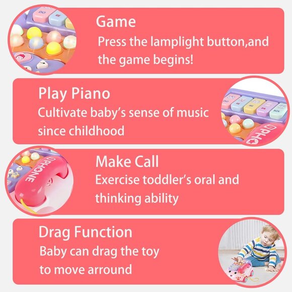 Pink Baby Toy Phone Cartoon Baby Piano Music Light Toy Children Pretend Phone - Picture 5 of 6